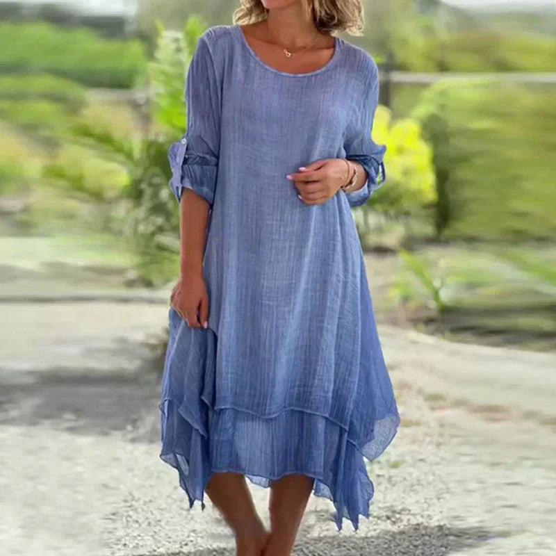 đNĆi elegĂĄns egyszĂnƱ egyszĂnƱ kerek nyakĂș laza illeszkedĆ ruha