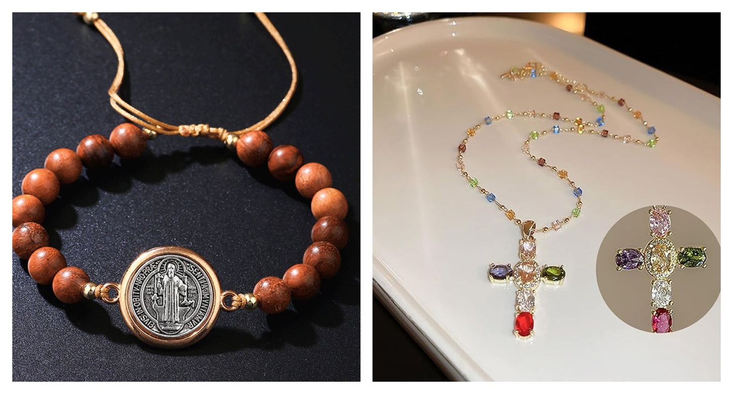 Uniszex, állítható fa gyöngyös Szent Benedek karkötő