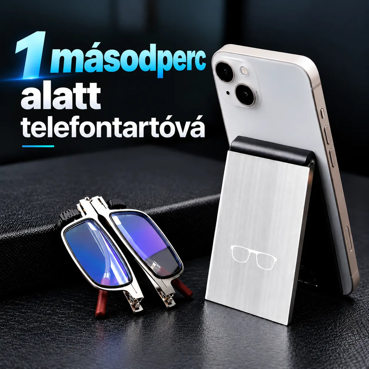 Hordozható, kékfény-szűrős olvasószemüveg, amely a telefonra rögzíthető