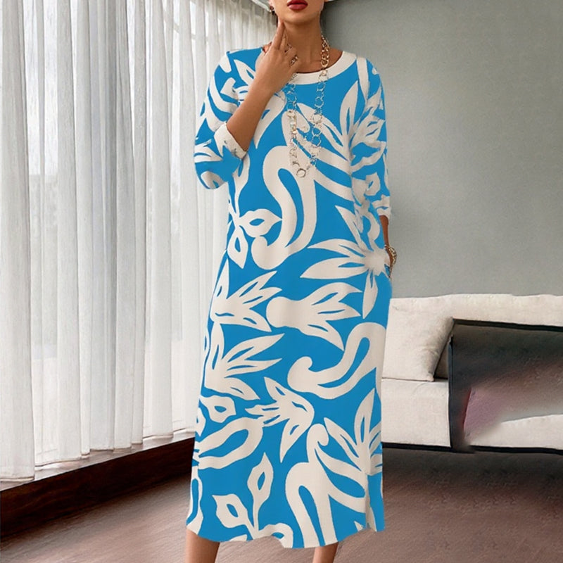 🌼Elegáns, bő, kerek nyakú, mintás női ruha