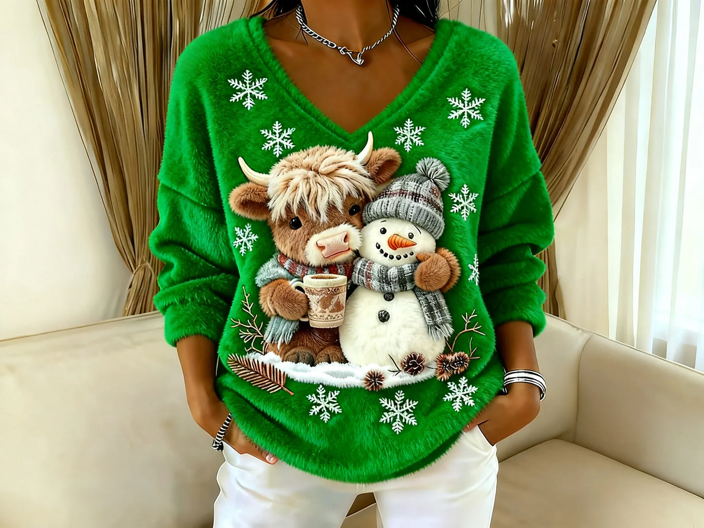 🔥Utolsó nap 49%-kal olcsóbban🔥Női V-nyakú blúz skót jeti tehén mintával