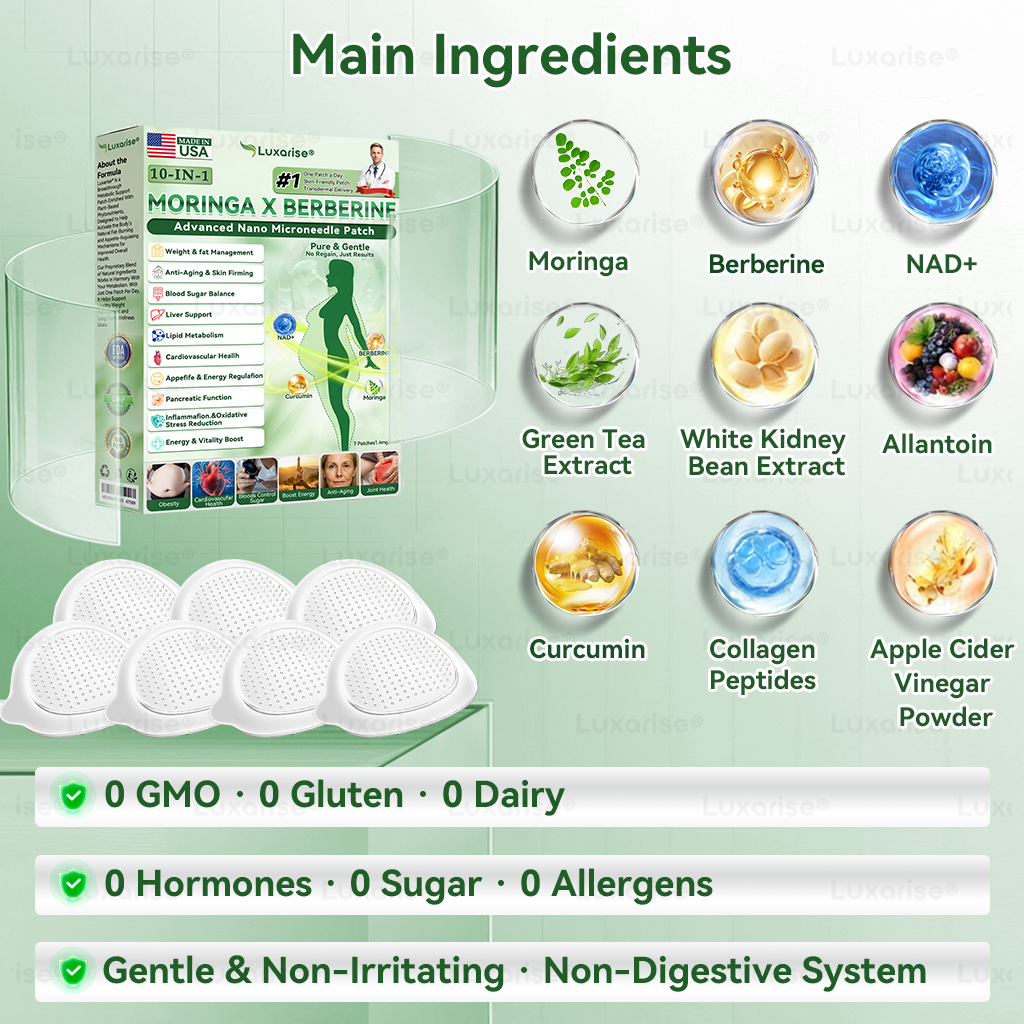 Hivatalos áruház | Luxarise® Moringa és Berberin 10 az 1-ben fejlett nanomikrotűs tapasz 📦 (naponta egyszer, 7 nap után látható változások) Ízületi problémák Elhízás, cukorbetegség, alvási apnoe és