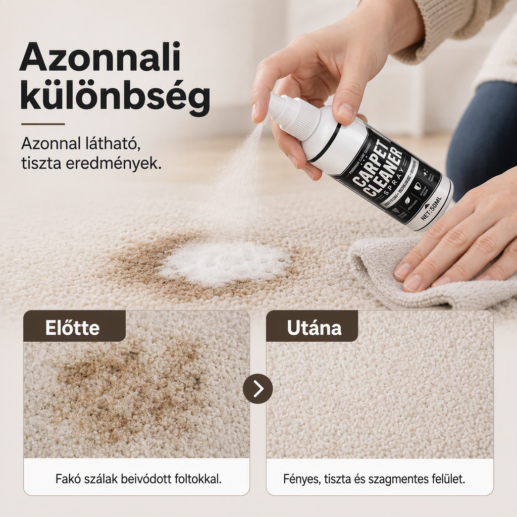 ⚡ Ipari hatékonyság, azonnali eredmény🧹 Szőnyegmélytisztító spray – mikrobuborék-technológia + anyagbarát | Szőnyegekhez, kanapékhoz és autó belső teréhez alkalmas, semlegesíti a kellemetlen szagokat ✨