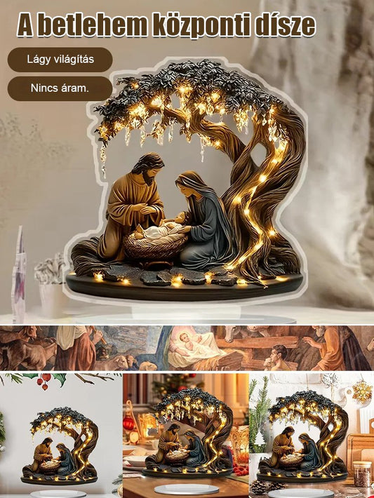 Újszülött lapos asztaldísz karácsonyi jelenettel