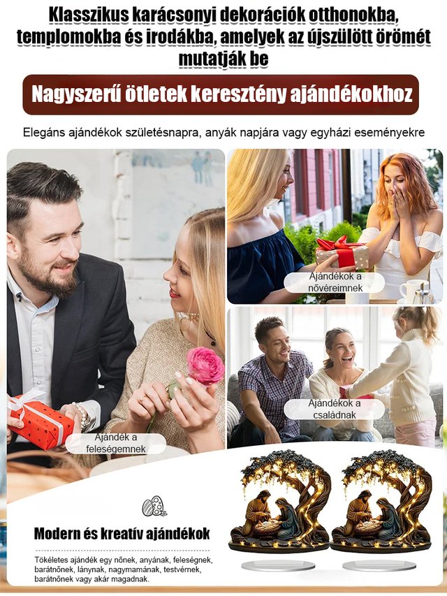 Újszülött lapos asztaldísz karácsonyi jelenettel