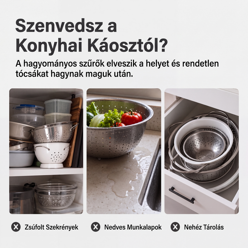 🍲 3 rétegű összehajtható szűrő – Leeresztő talppal, helytakarékos 📦