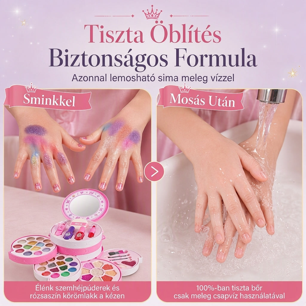 ✨ Mosható Hercegnő Sminkkészlet – Nem irritáló, tálcák és hordozható tok, biztonságos játék kislányoknak🎀