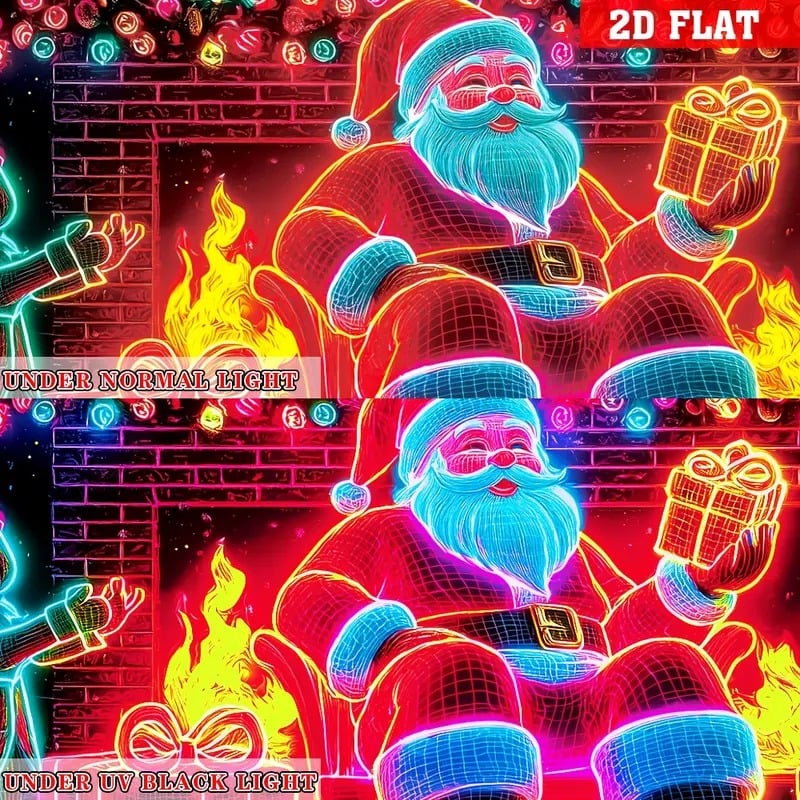 Karácsonyi UV-aktivált garázsajtó banner, sötétben világít, Mikulás és manó rajzfilmfigurákkal, kültéri és beltéri partidekorációval