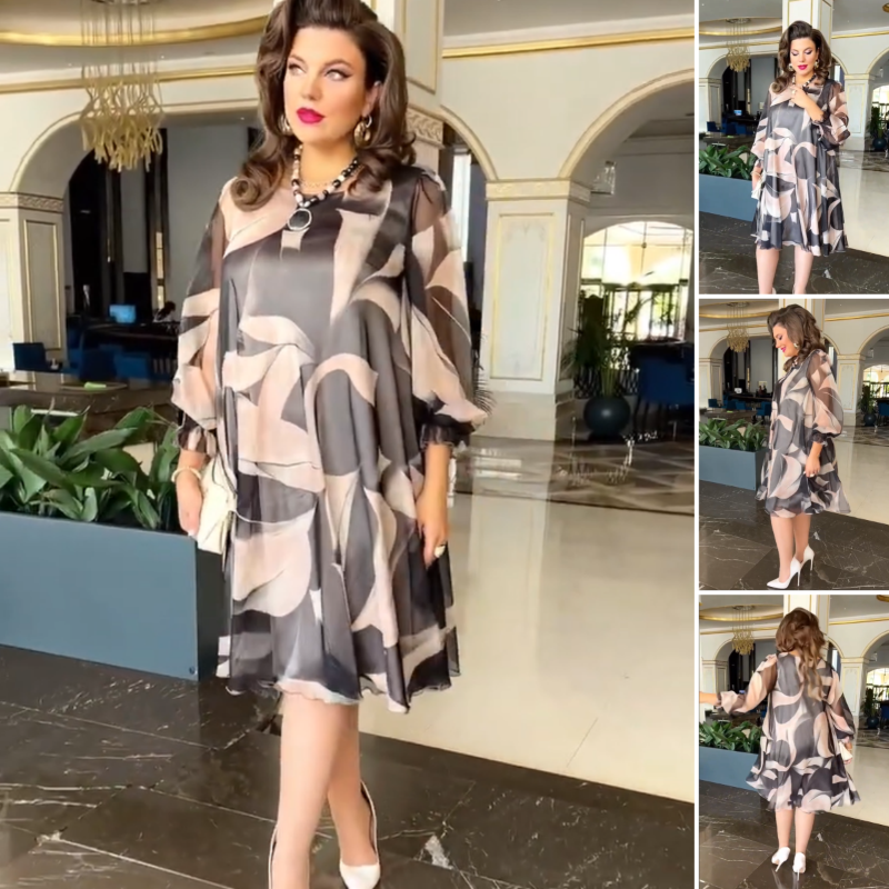 👗Folyó kerek nyakú ruha hosszú ujjakkal és nyomtatással