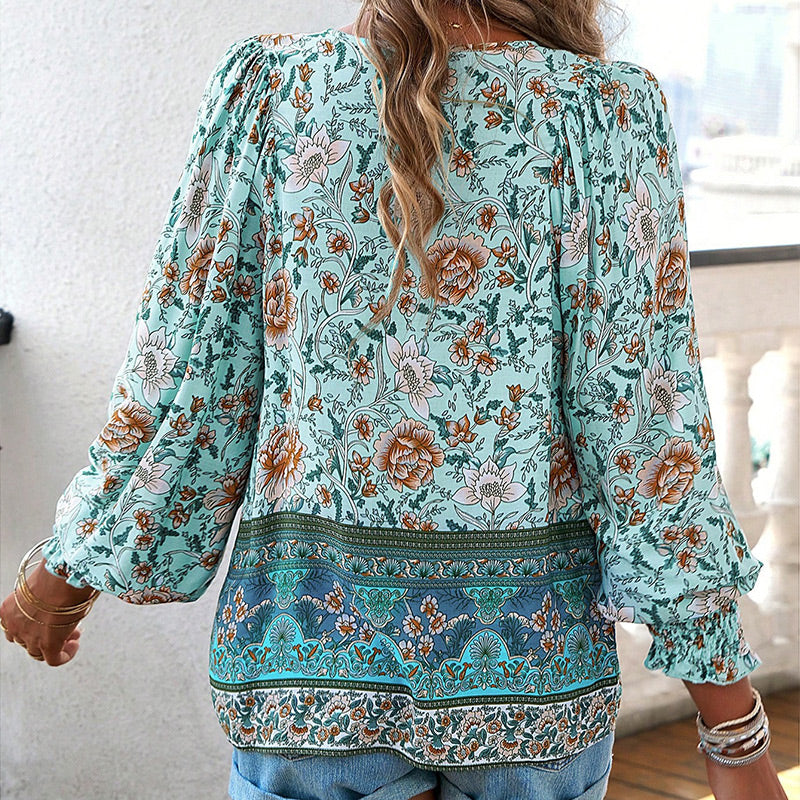 【S-2XL】🌺Női divatos, hosszú ujjú, nyomtatott V-nyakú ing