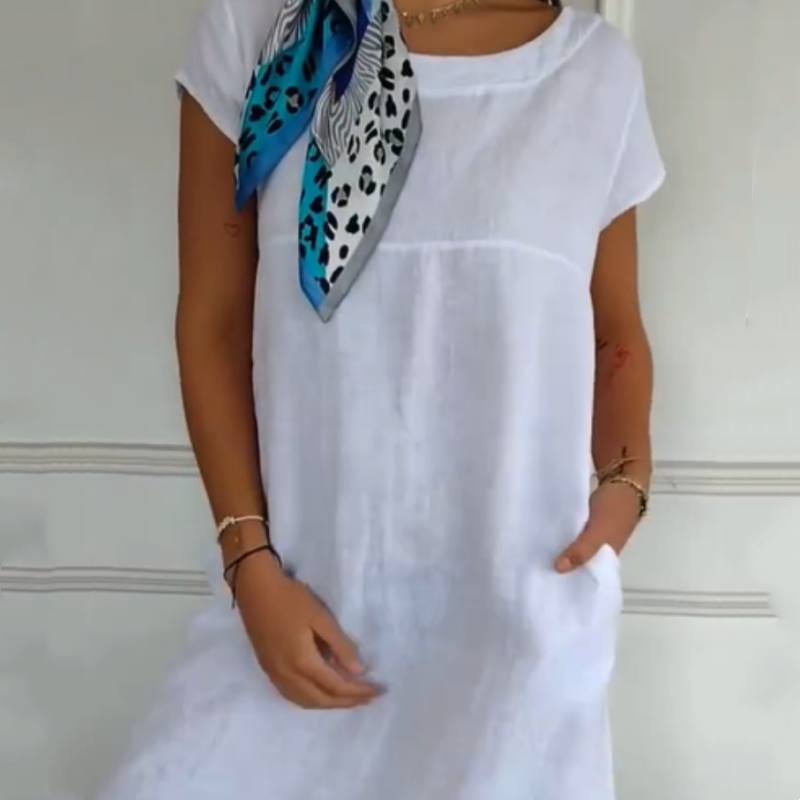 Újdonság 2025-ben! 🔥Női vászonruha kerek nyakkivágással, rövid ujjal