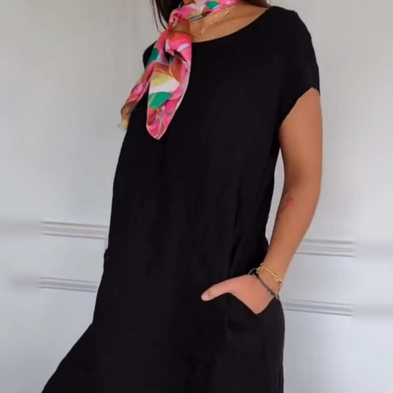 Újdonság 2025-ben! 🔥Női vászonruha kerek nyakkivágással, rövid ujjal