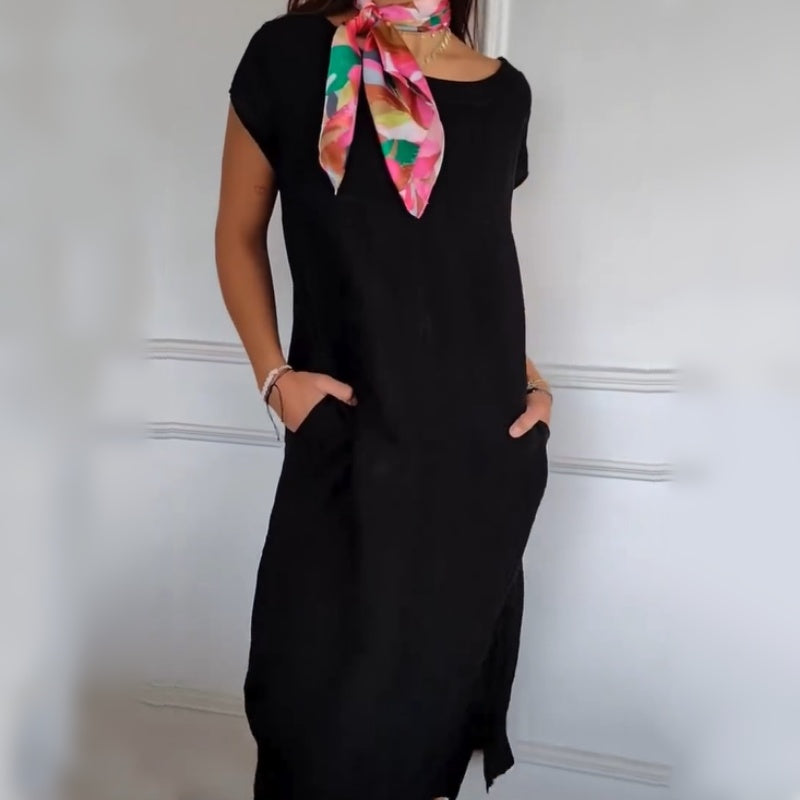 Újdonság 2025-ben! 🔥Női vászonruha kerek nyakkivágással, rövid ujjal