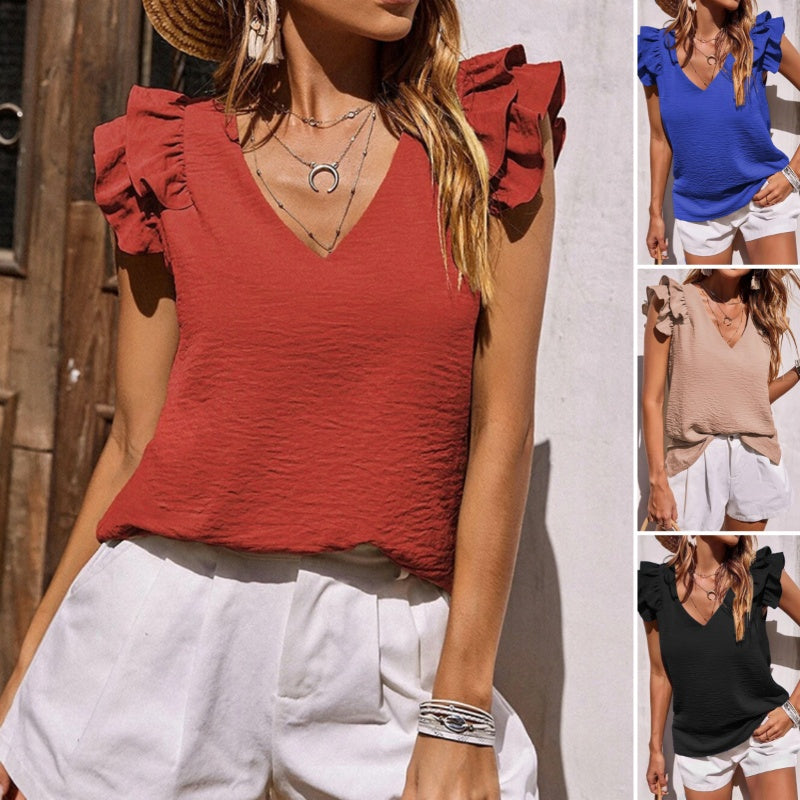 【S-2XL】👚Elasztikus ujjatlan fodros V-nyakú felső