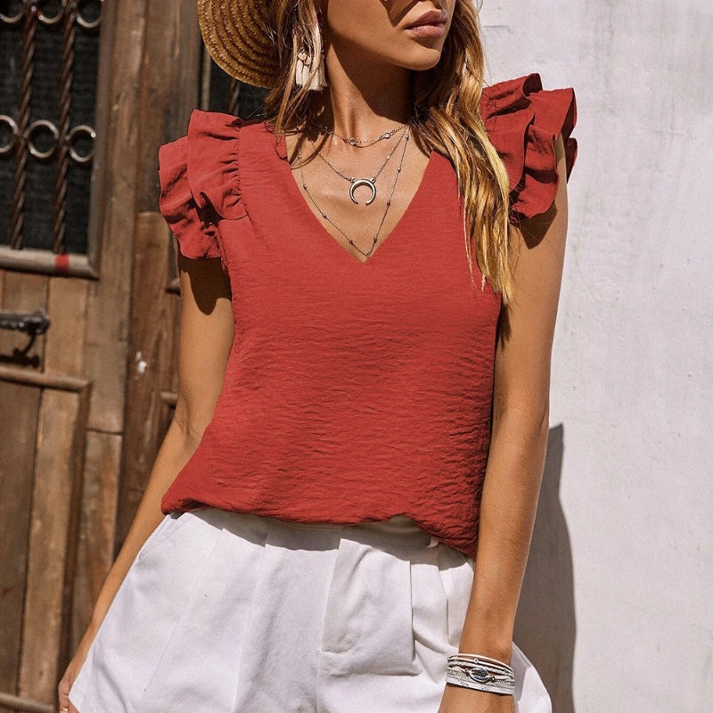 【S-2XL】👚Elasztikus ujjatlan fodros V-nyakú felső