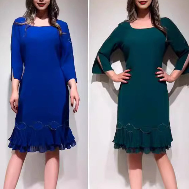 💝Elegáns ruha kerek nyakkivágással és fodros szegéllyel