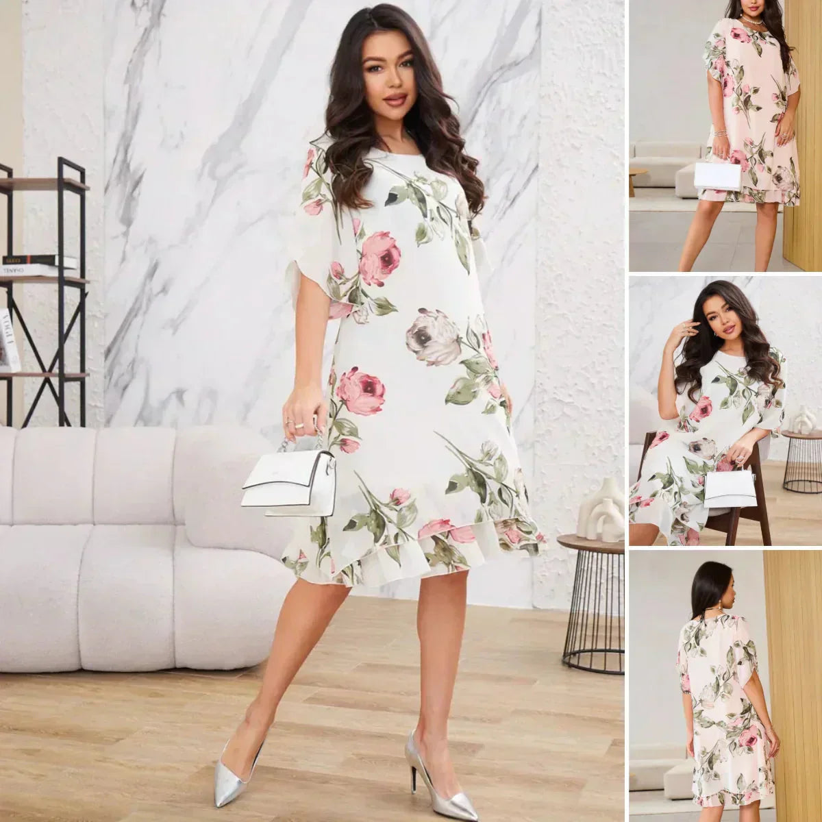 FORRÓ 50% 👗 Pirosas, Sziromszirmos, Világos Sifon Ruha