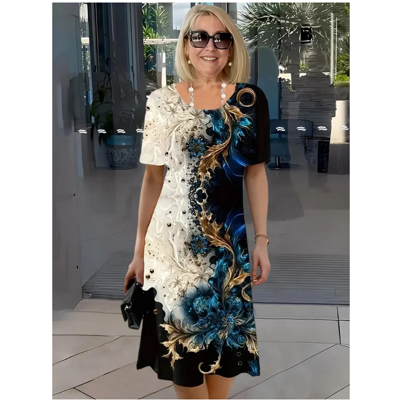 👗 Női nyári virágmintás kerek nyakú, A-vonalú, rövid ujjú ruha
