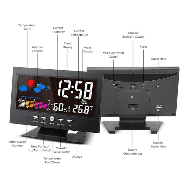 🔥LED-es asztali digitális ébresztőóra hőmérséklet-, páratartalom-mérővel és időjárás-előrejelzéssel