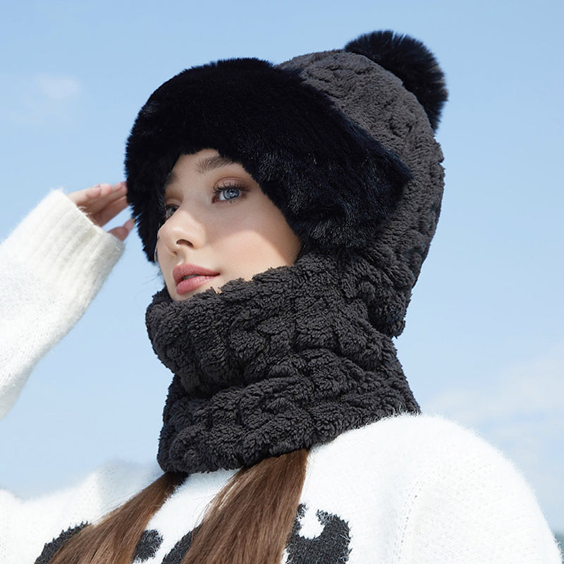 Női téli meleg, szélálló plüss sál sapka