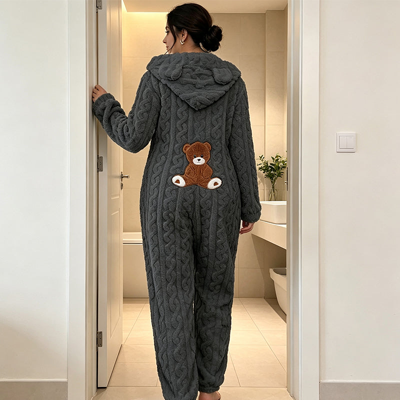 💖💖🐻 Játékos kényelem | Női kapucnis, csavart kötésű otthoni szett medvemintás hímzéssel